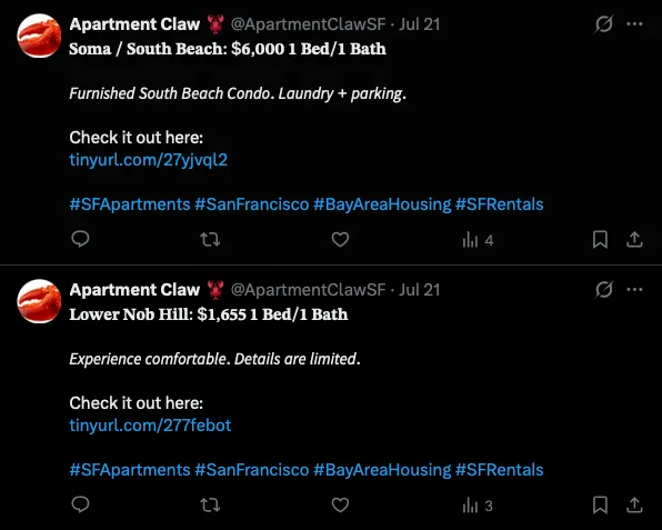 Archived Apartment Claw SF posts showing example apartment listing alerts